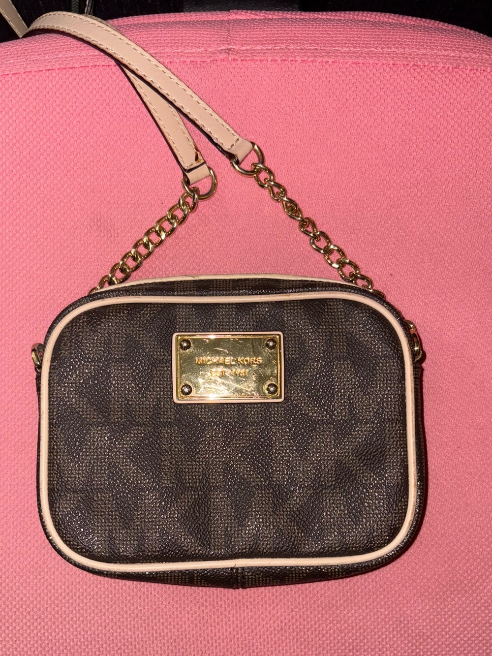 Michael Kors Brown Monogram Crossbody with Cream Trim